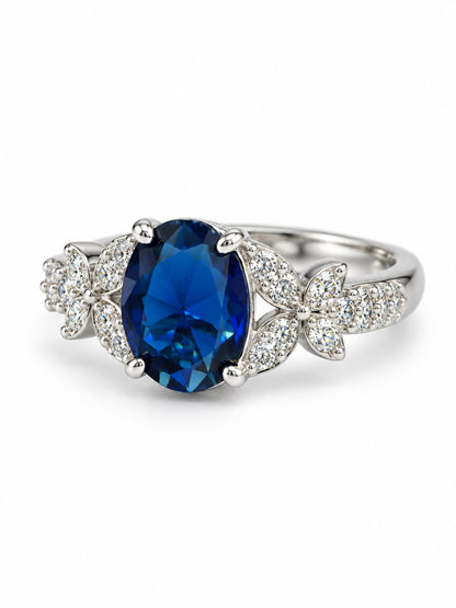 Blue Oval Center Stone Floral Shoulder Ring - Silver Plated