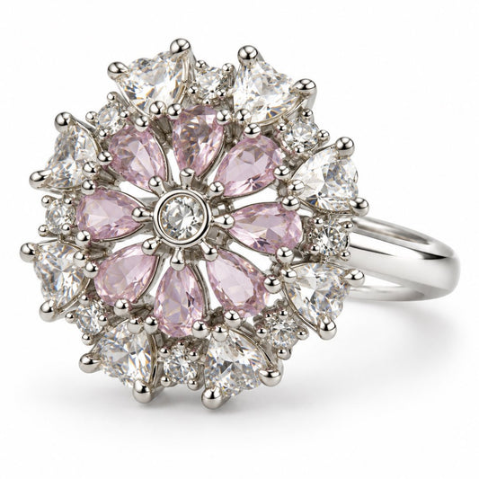 Pink Petal Halo Flower Ring - Silver Plated - product view
