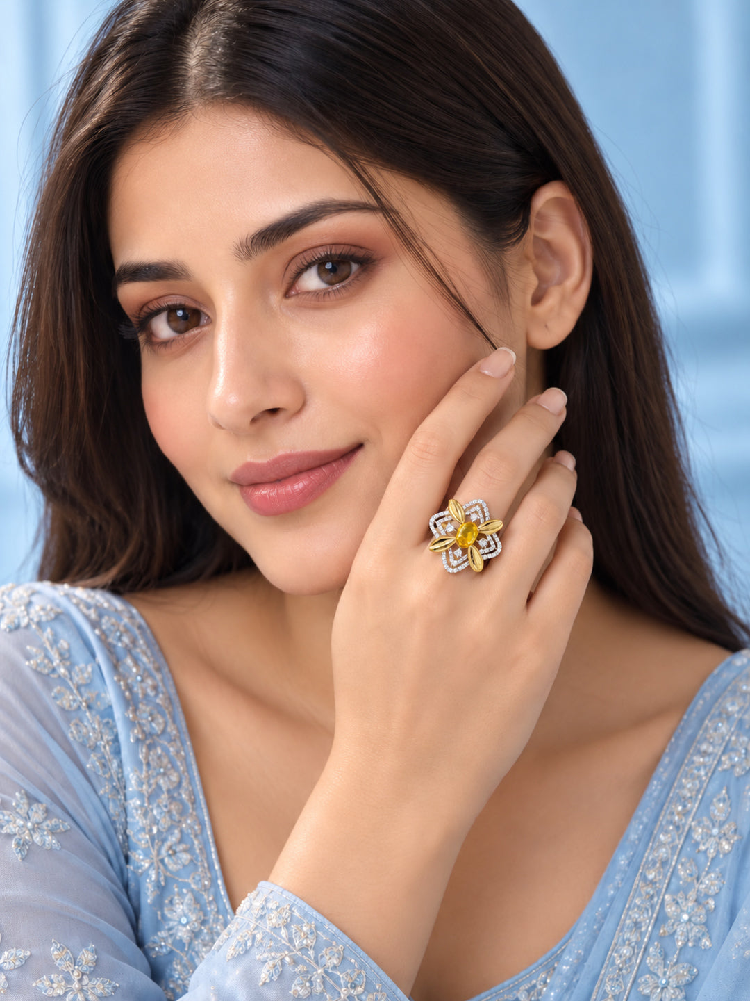 Yellow Center Stone Four-Petal Floral Ring - Gold Plated
