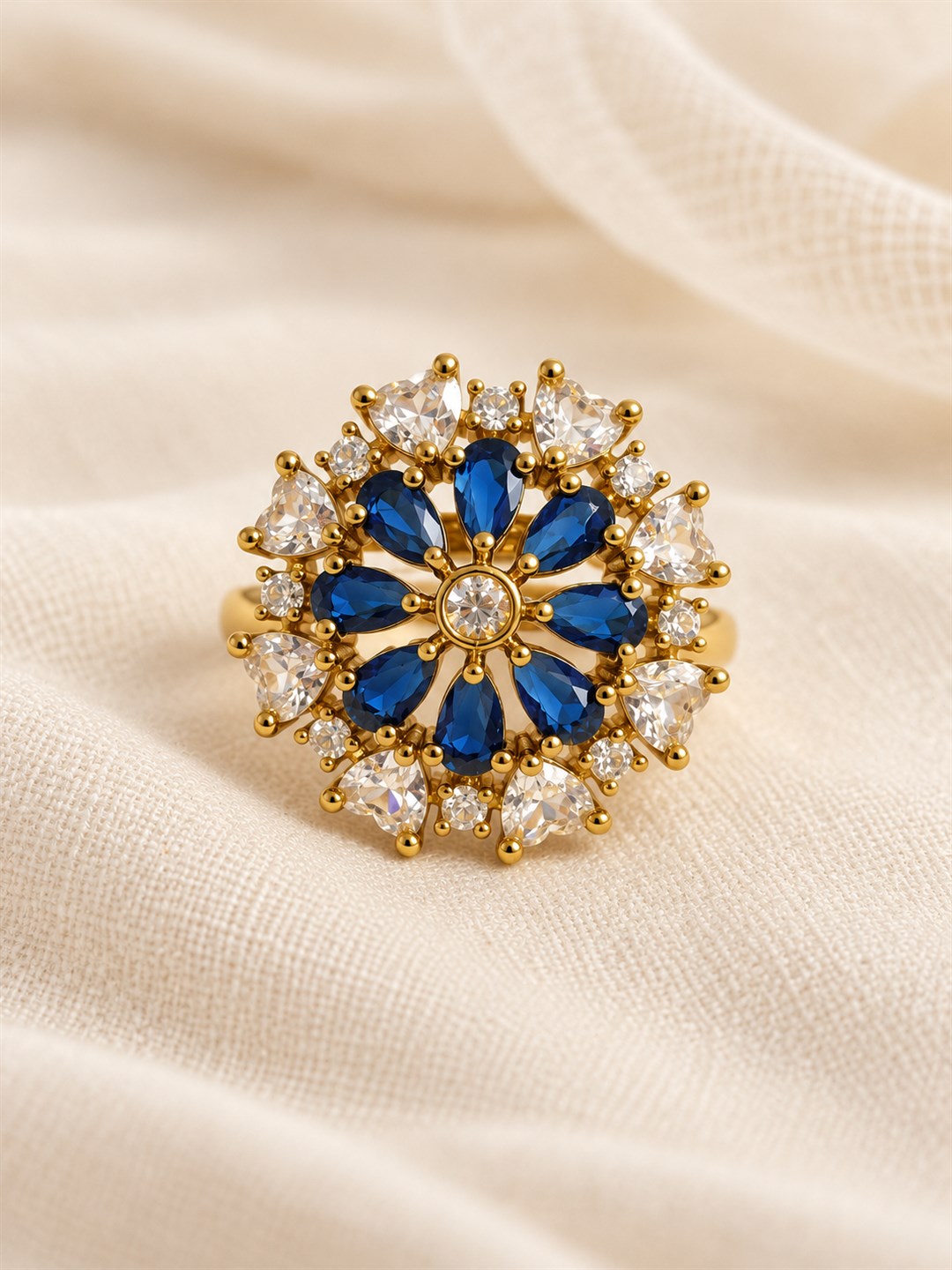 Blue Stone Teardrop Floral Cluster Ring - Gold Plated, additional view 3