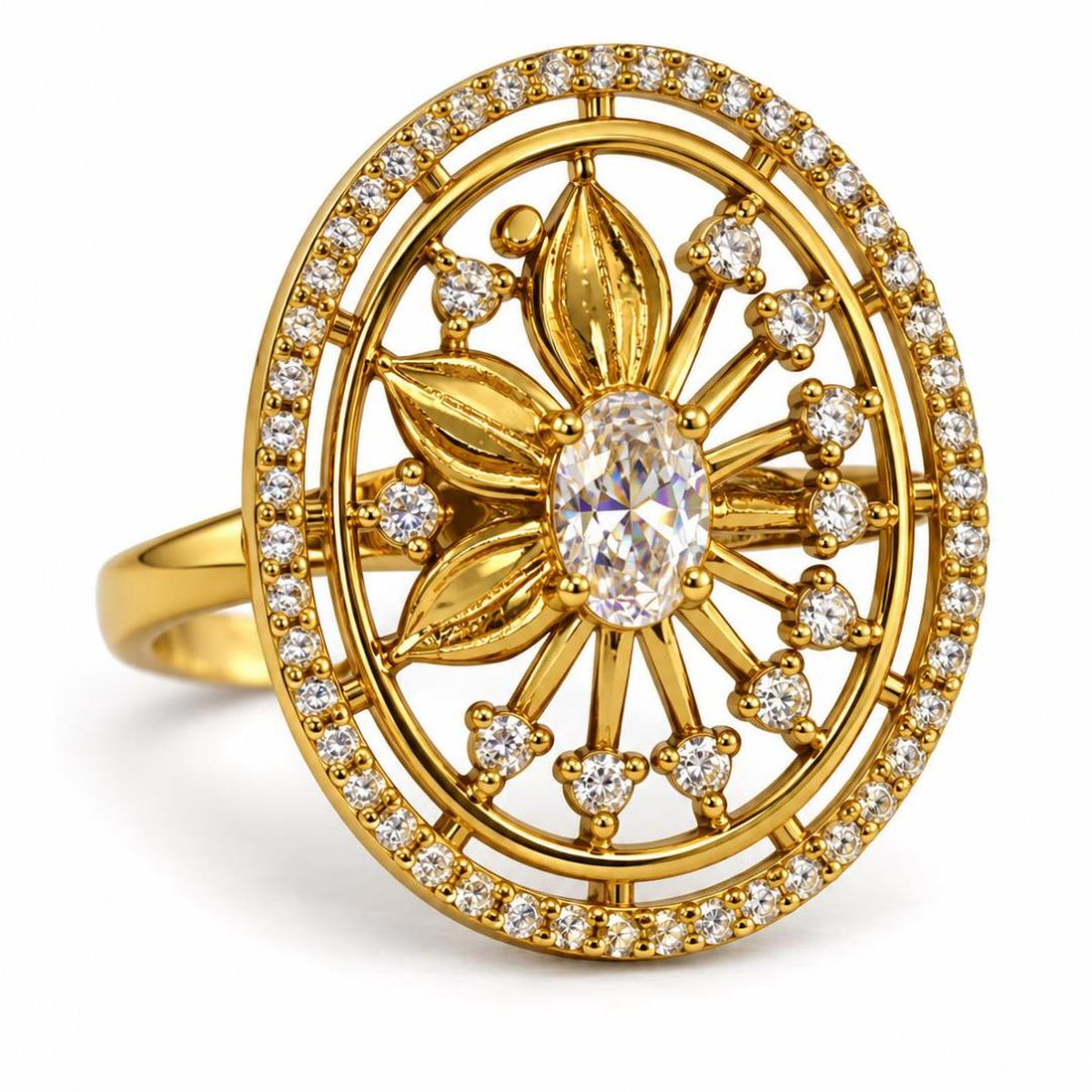 Clear Stone Oval Sunburst Ring - Gold Plated, product view