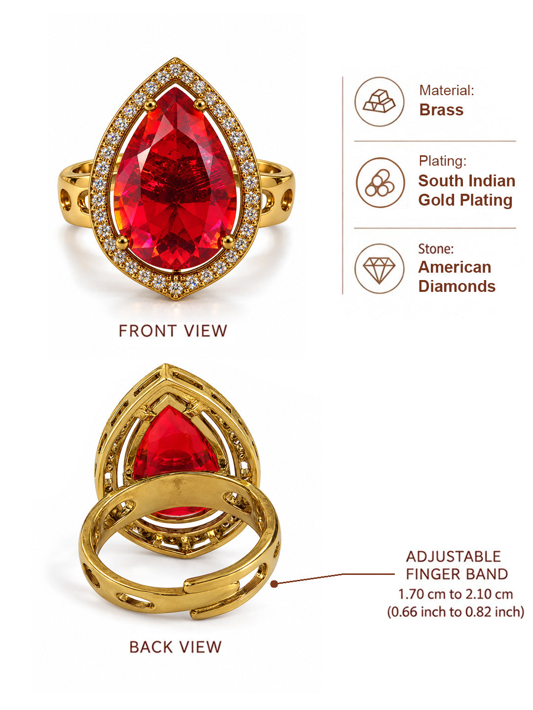 Red Pear Stone Halo Ring - Gold Plated, additional view 5
