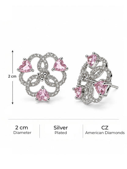 Pink Heart Stone Openwork Floral Stud Earrings in silver plating