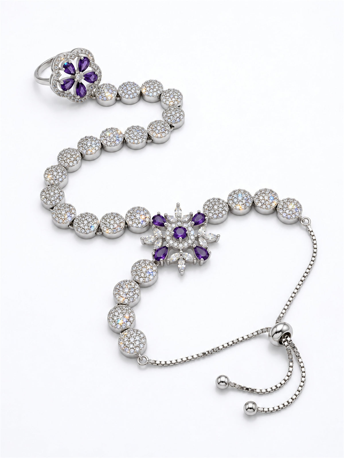 Purple silver-plated floral round-stone chain hathphool
