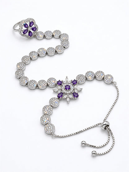 Purple silver-plated floral round-stone chain hathphool