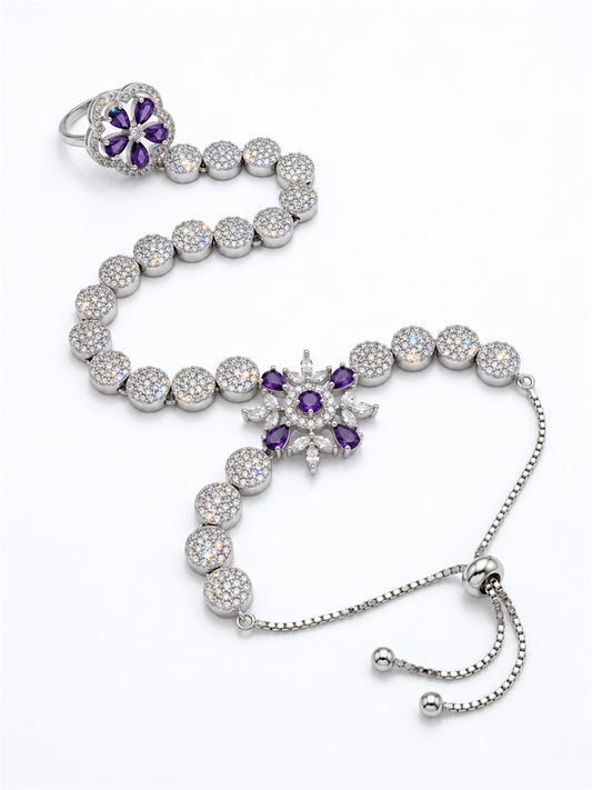 Purple silver-plated floral round-stone chain hathphool