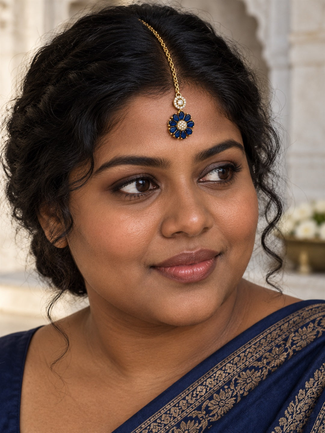 Blue Teardrop Floral Maang Tikka - Gold Plated, additional view 3