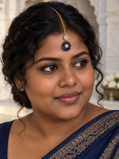 Blue Teardrop Floral Maang Tikka - Gold Plated, additional view 3