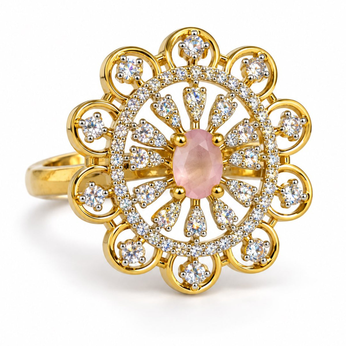 Pink Center Stone Scalloped Floral Halo Ring - Gold Plated