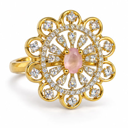 Pink Center Stone Scalloped Floral Halo Ring - Gold Plated