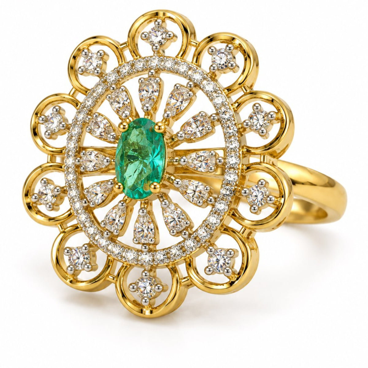 Green Center Stone Scalloped Floral Halo Ring - Gold Plated