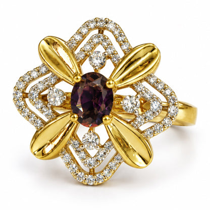 Purple Center Stone Four-Petal Floral Ring - Gold Plated
