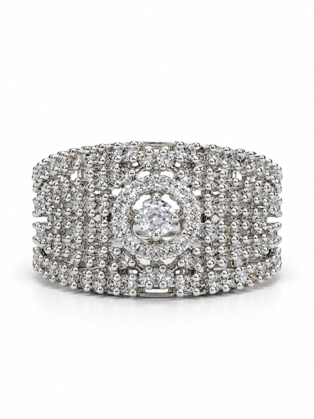 Clear Wide Pave Halo Band Ring - Silver Plated