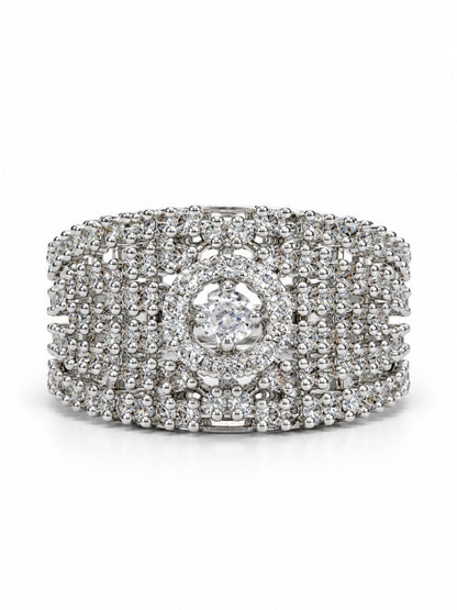Clear Wide Pave Halo Band Ring - Silver Plated