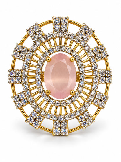 Pink Center Stone Baguette Halo Ring - Gold Plated