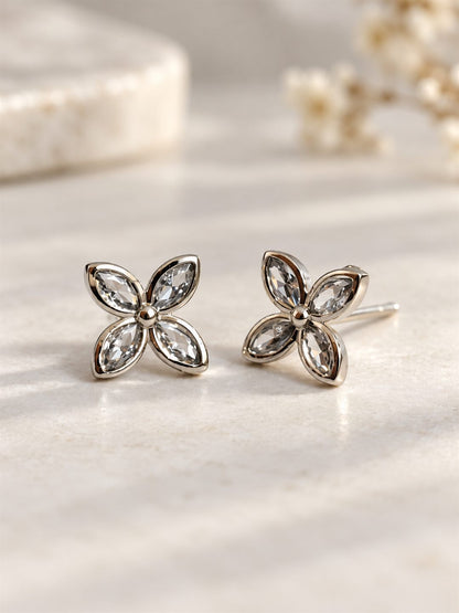 Clear Marquise Four Petal Stud Earrings, silver plated, lifestyle view