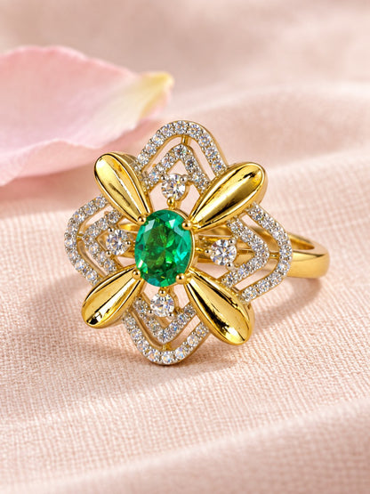 Sea Green Center Stone Four-Petal Floral Ring - Gold Plated