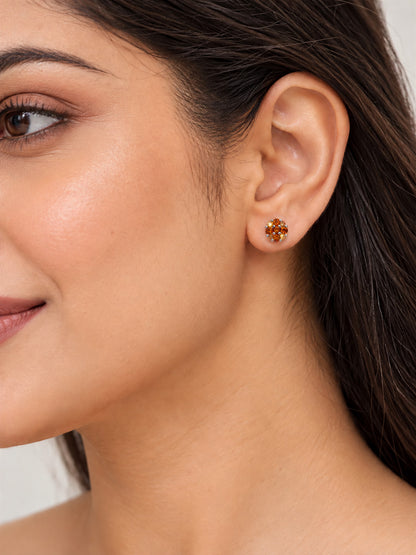 Orange Stone Floral Cluster Stud Earrings, silver plated, model close-up
