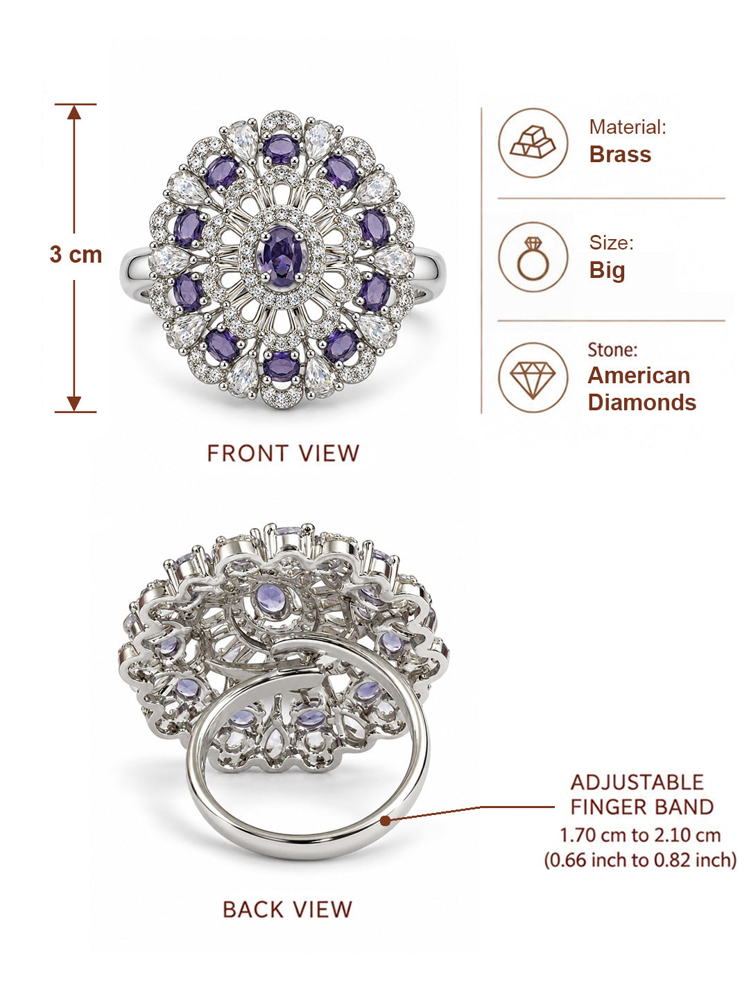 Purple Oval Center Floral Cluster Ring - Silver Plated - alternate view