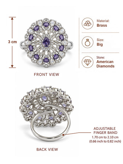 Purple Oval Center Floral Cluster Ring - Silver Plated - alternate view