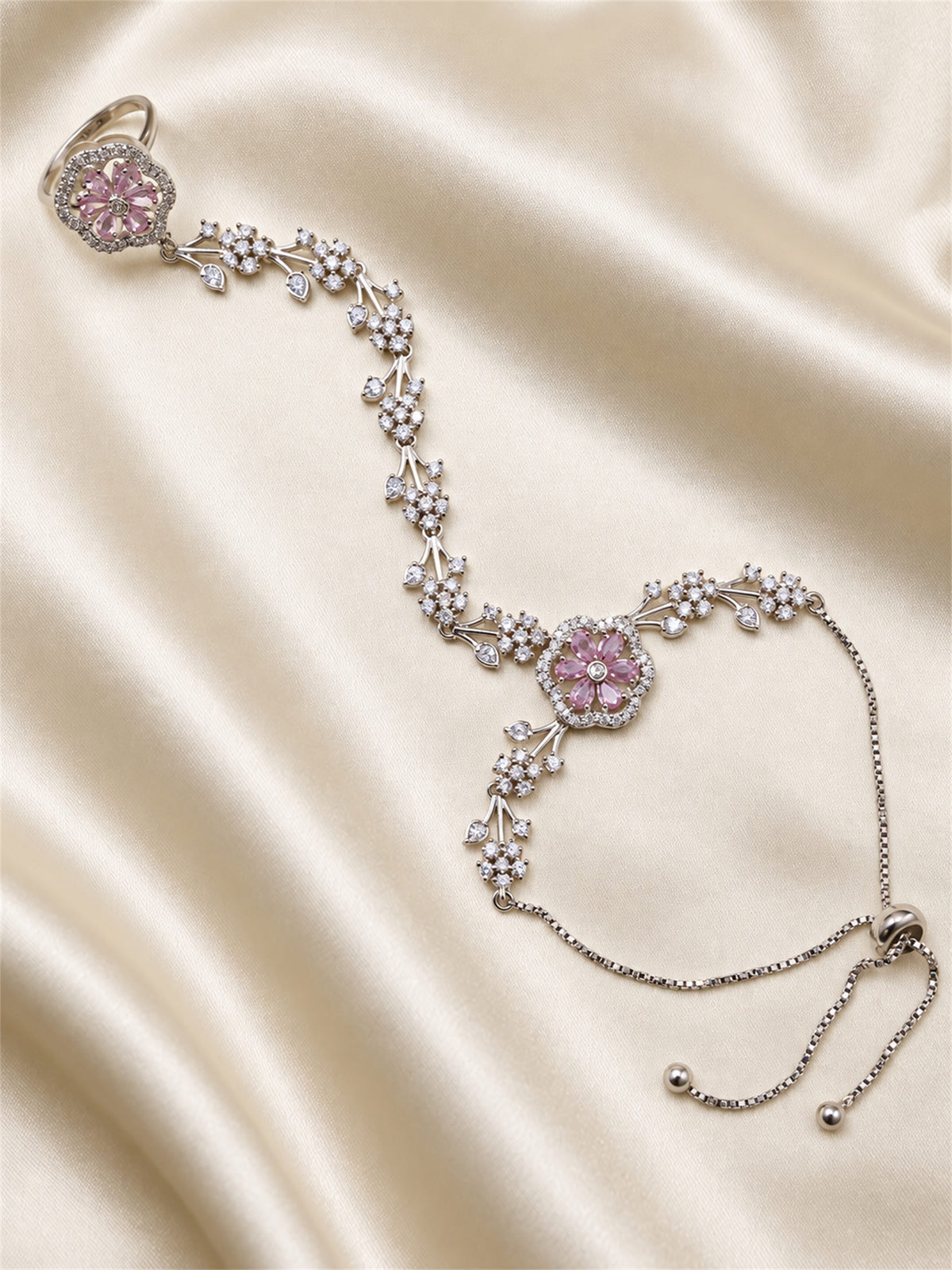Pink silver-plated floral marquise-stone chain hathphool