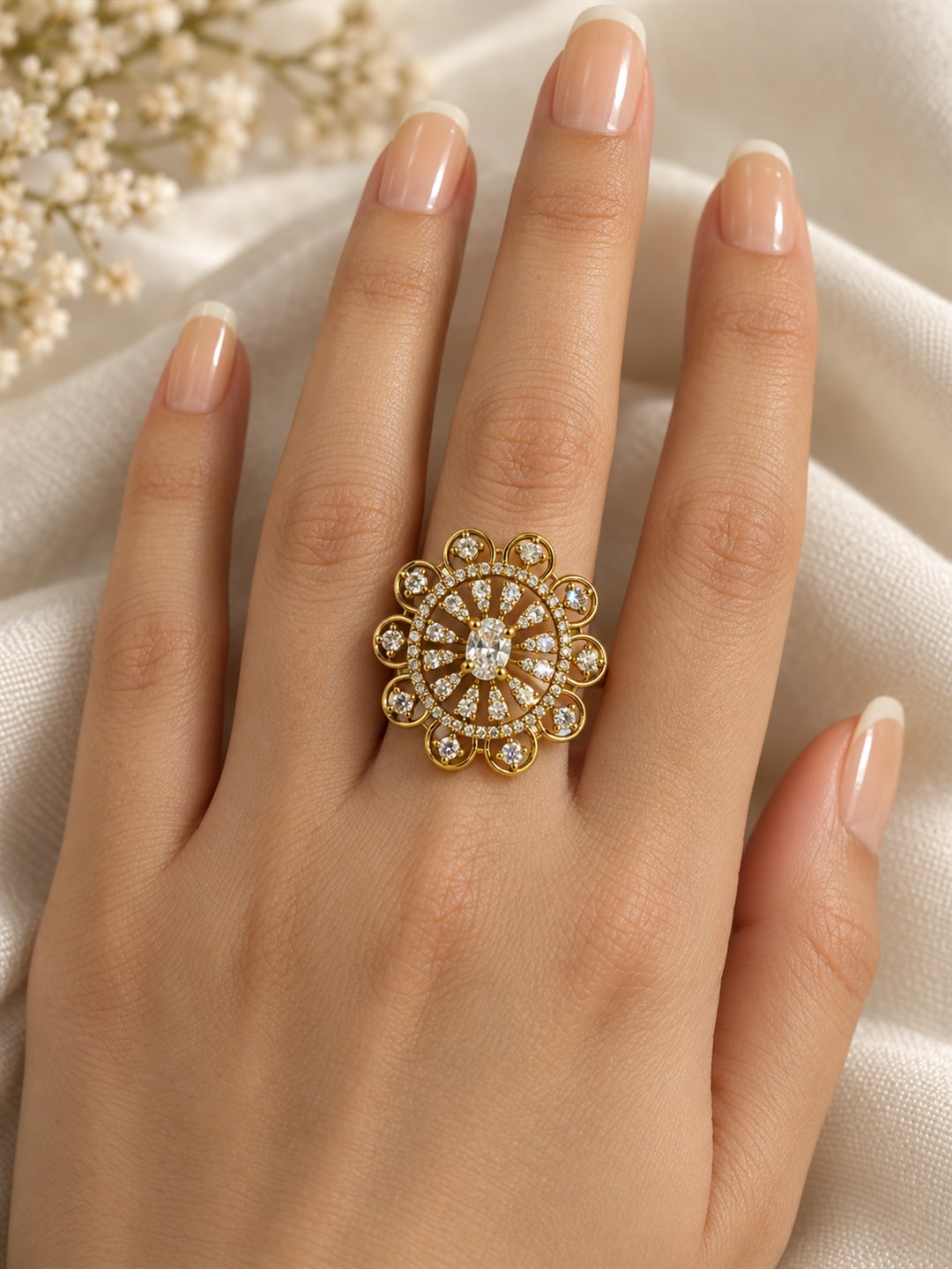 Clear Stone Scalloped Floral Ring - Gold Plated, model close-up