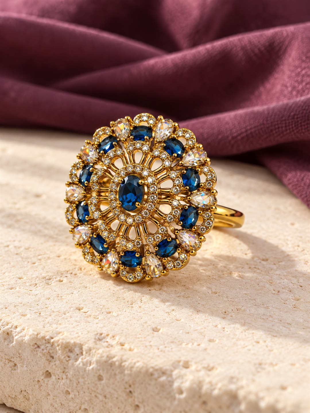 Blue Stone Ornate Floral Cluster Ring - Gold Plated, additional view 3