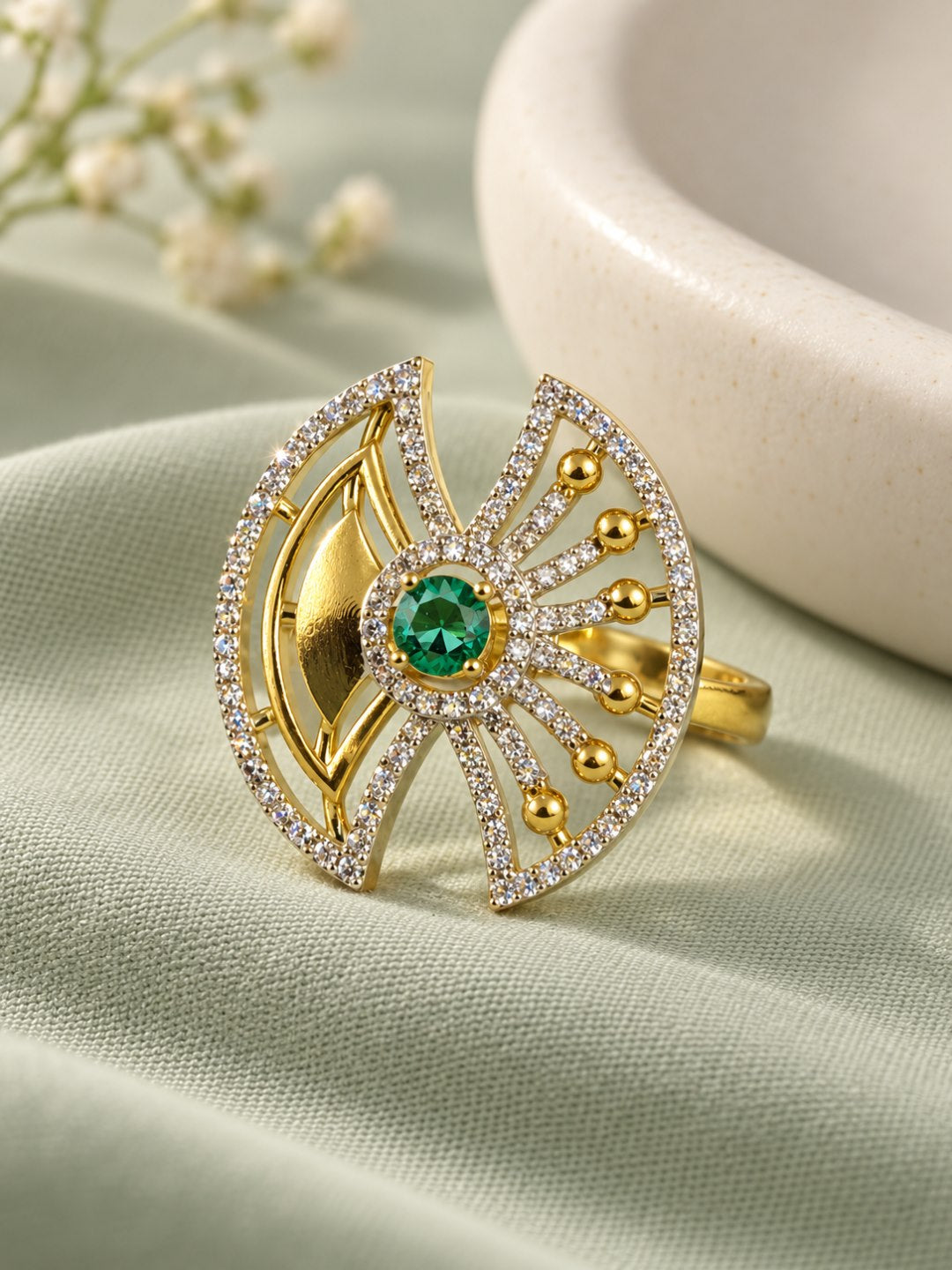 Sea Green Center Stone Fan Motif Ring - Gold Plated
