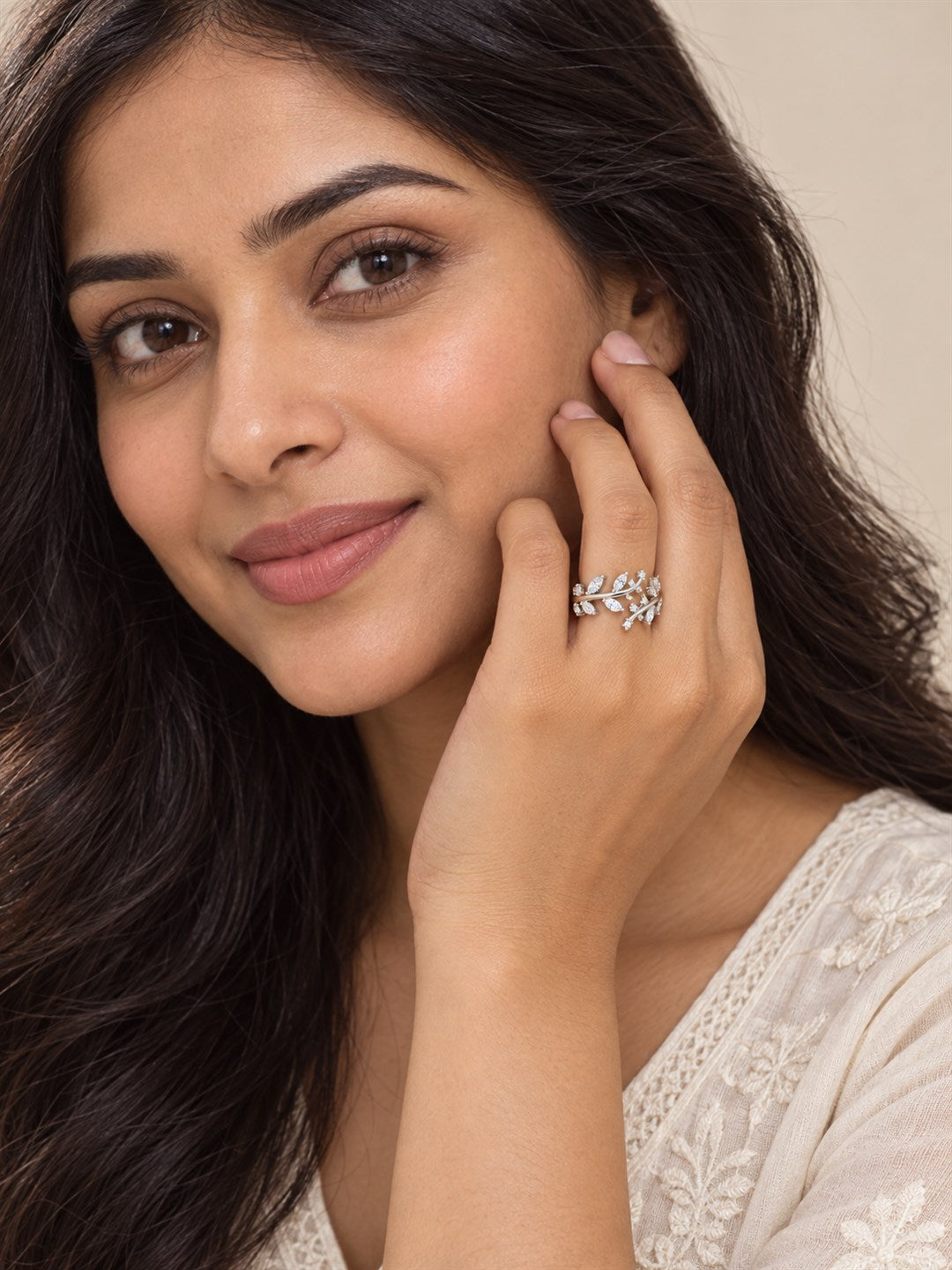 Clear Leaf Vine Ring - Silver Plated