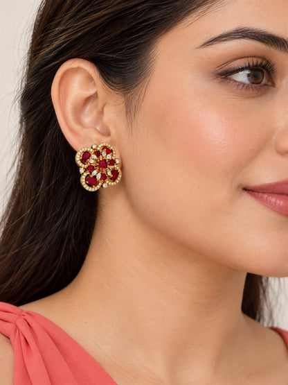 Red Four Petal Oval Stone Stud Earrings - Gold Plated on a model