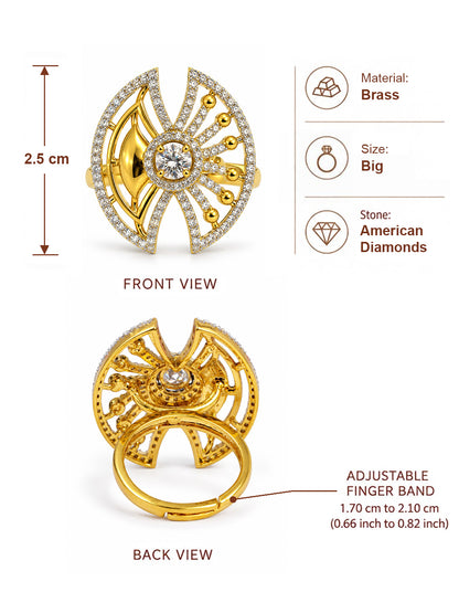 White Center Stone Fan Motif Ring - Gold Plated