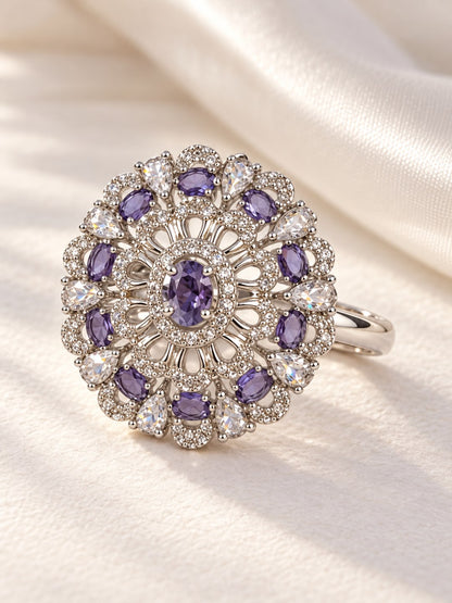 Purple Oval Center Floral Cluster Ring - Silver Plated - alternate view