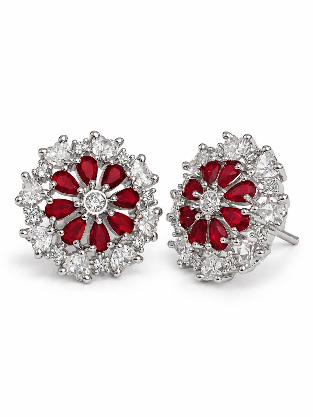 Red heart-petal flower silver-plated stud earrings