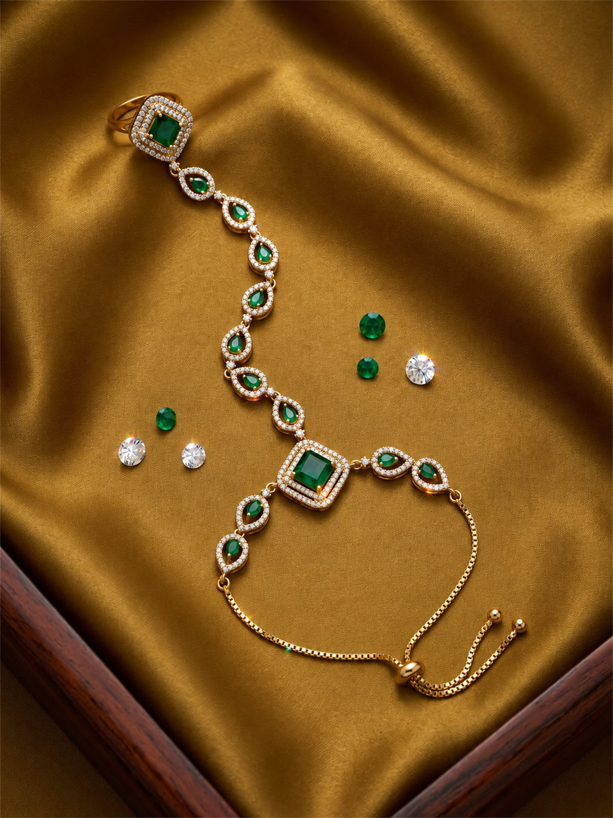 Green Square Halo and Teardrop Hathphool - Mehndi Plated