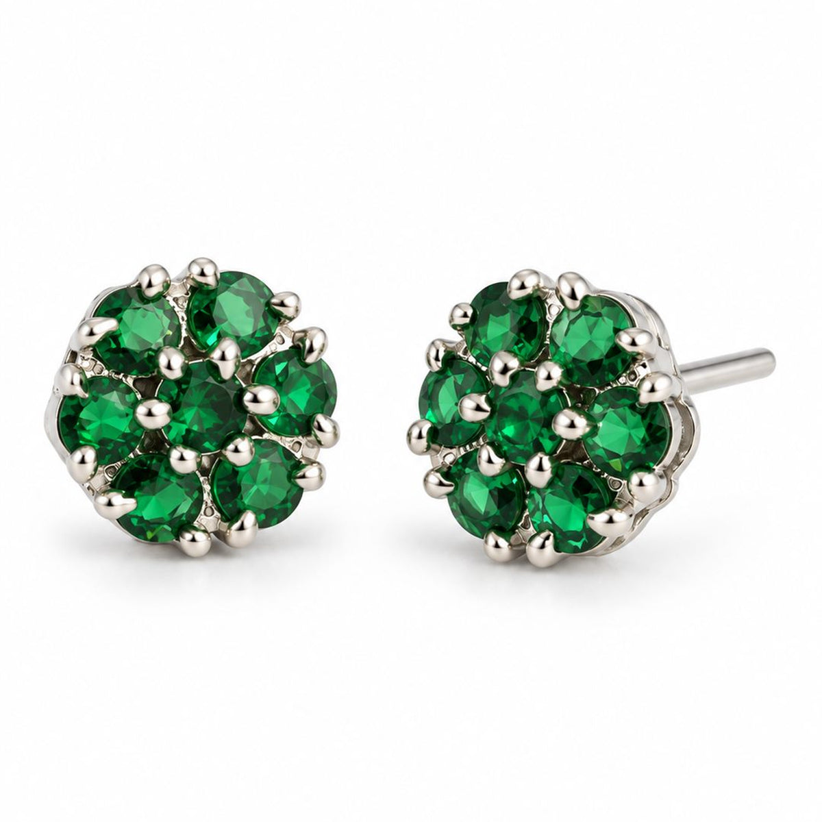 Green Stone Floral Cluster Stud Earrings, silver plated