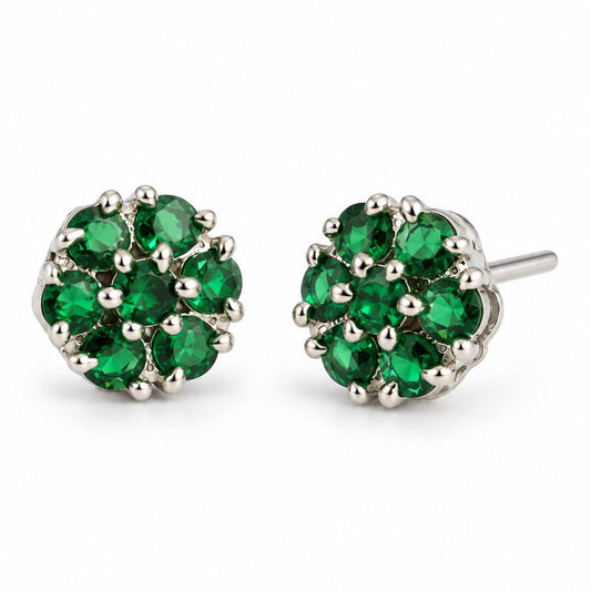 Green Stone Floral Cluster Stud Earrings, silver plated