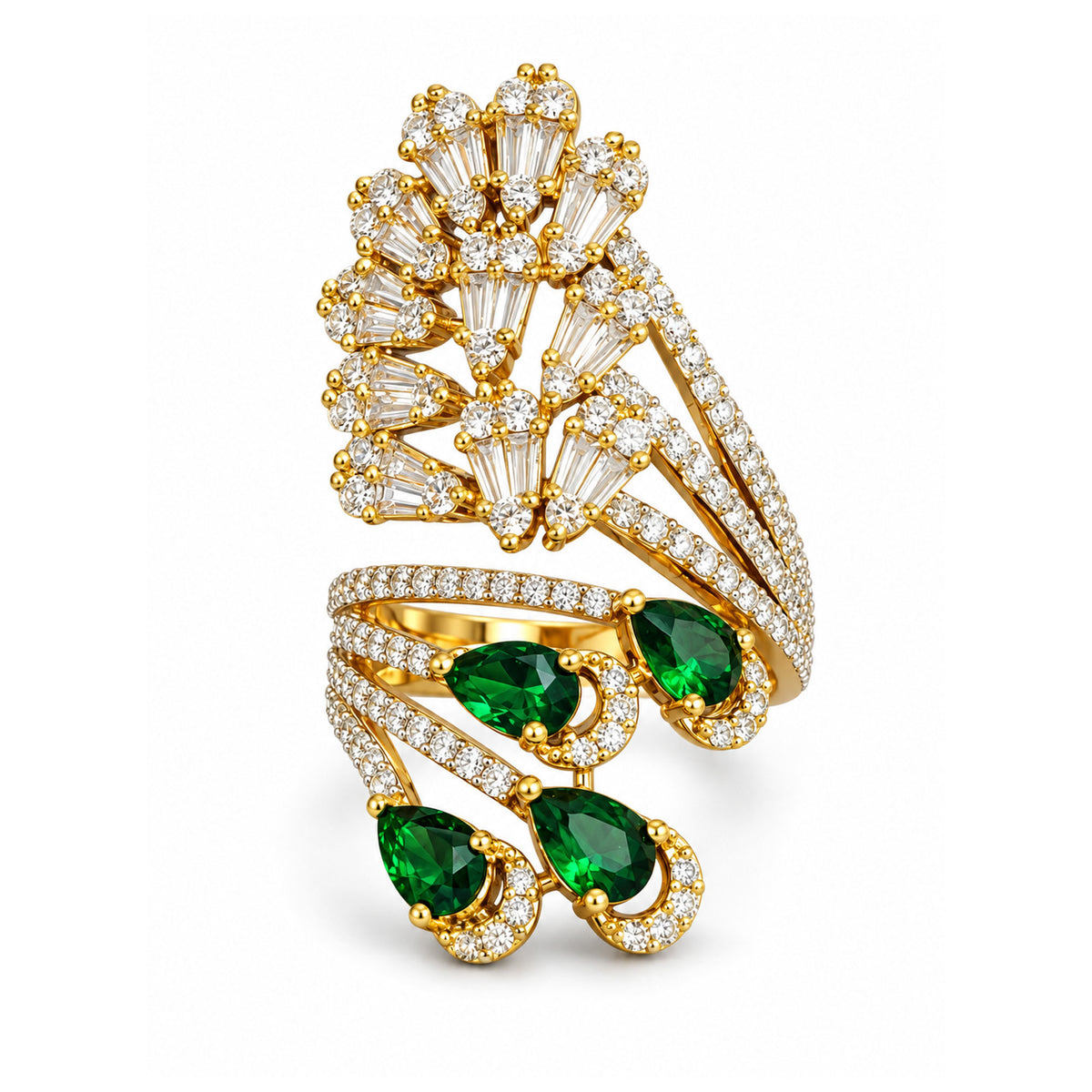 Gold Plated Green AD Adjustable Cocktail Ring For Women - white-background product image