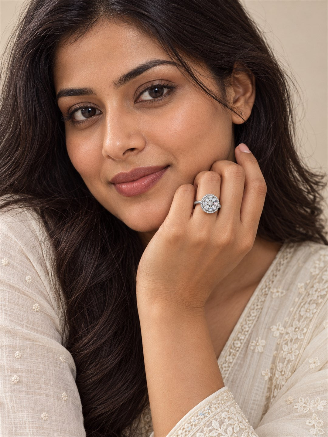 Clear Round Floral Cluster Ring - Silver Plated