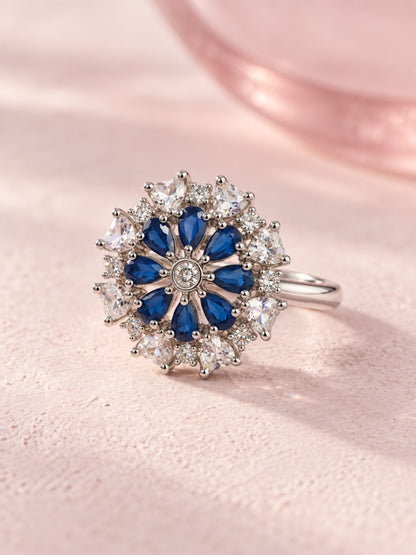 Blue Petal Halo Flower Ring - Silver Plated - alternate view
