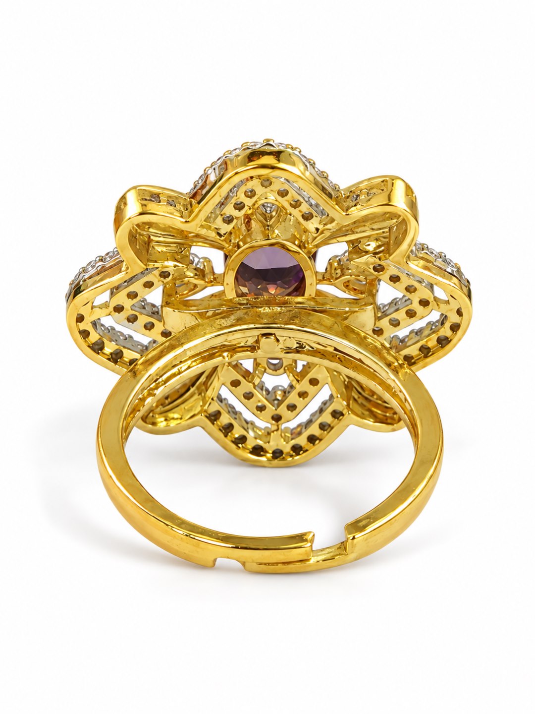 Purple Center Stone Four-Petal Floral Ring - Gold Plated