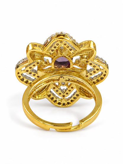 Purple Center Stone Four-Petal Floral Ring - Gold Plated