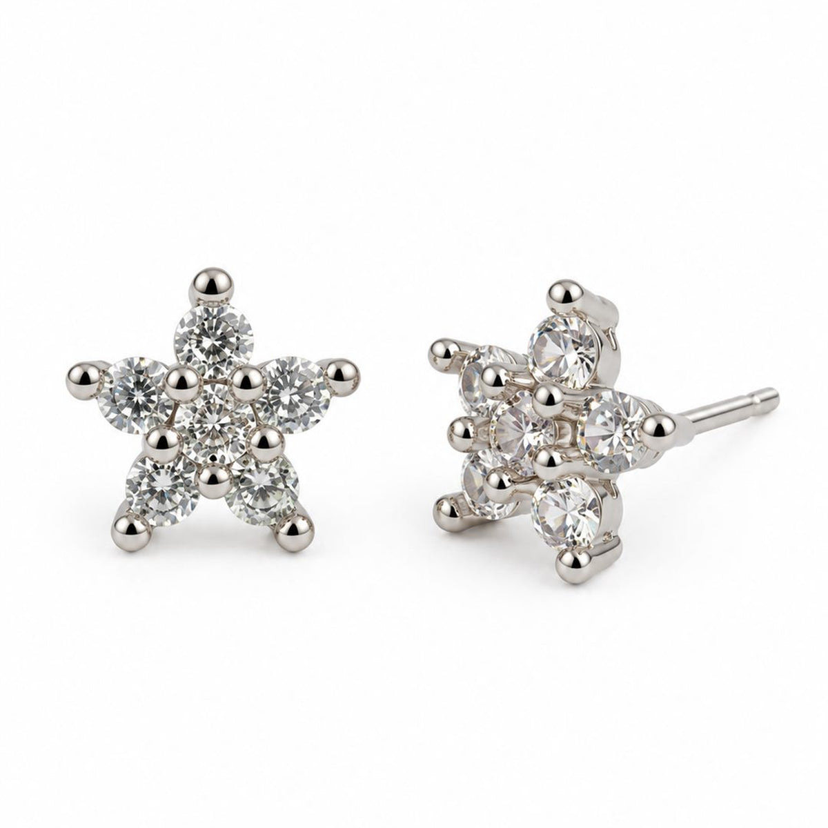 Clear Stone Star Flower Stud Earrings, silver plated