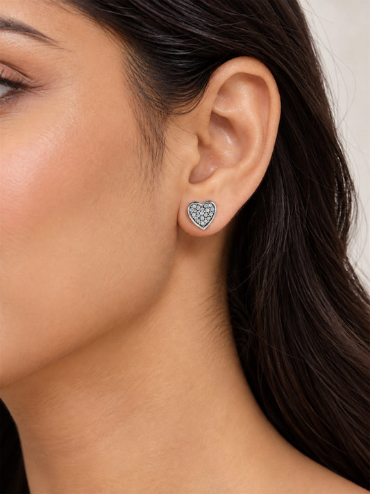 Clear Pave Heart Stud Earrings, silver plated, model close-up