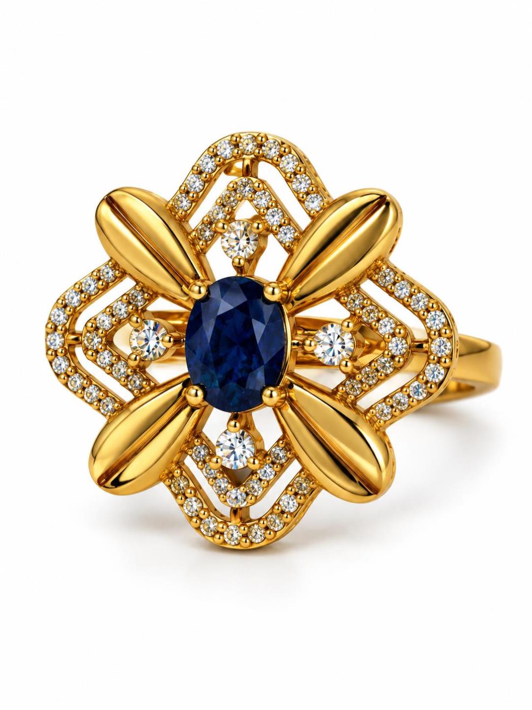 Blue Stone Four Petal Floral Ring - Gold Plated, additional view 1