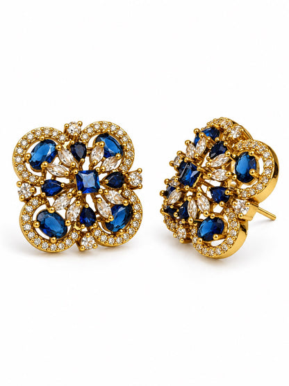 Blue Four Petal Oval Stone Stud Earrings - Gold Plated