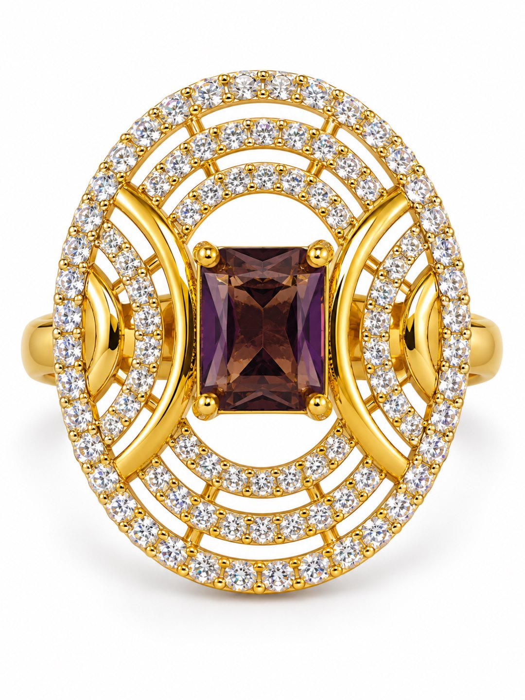 Purple Center Stone Oval Geometric Halo Ring - Gold Plated