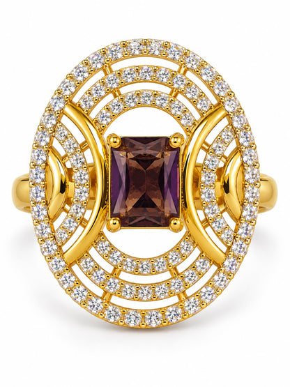 Purple Center Stone Oval Geometric Halo Ring - Gold Plated