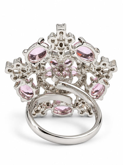 Pink Stone Ornate Floral Ring - Silver Plated - alternate view