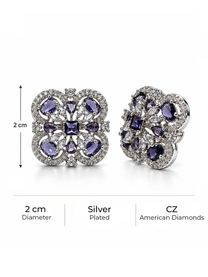 Purple Scrollwork Floral Stud Earrings in silver plating