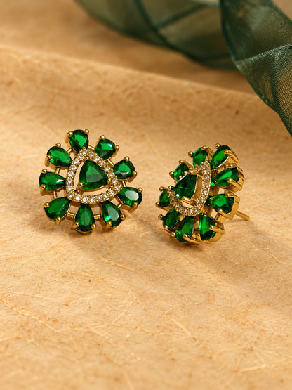 Green Triangle Center Halo Stud Earrings - Gold Plated